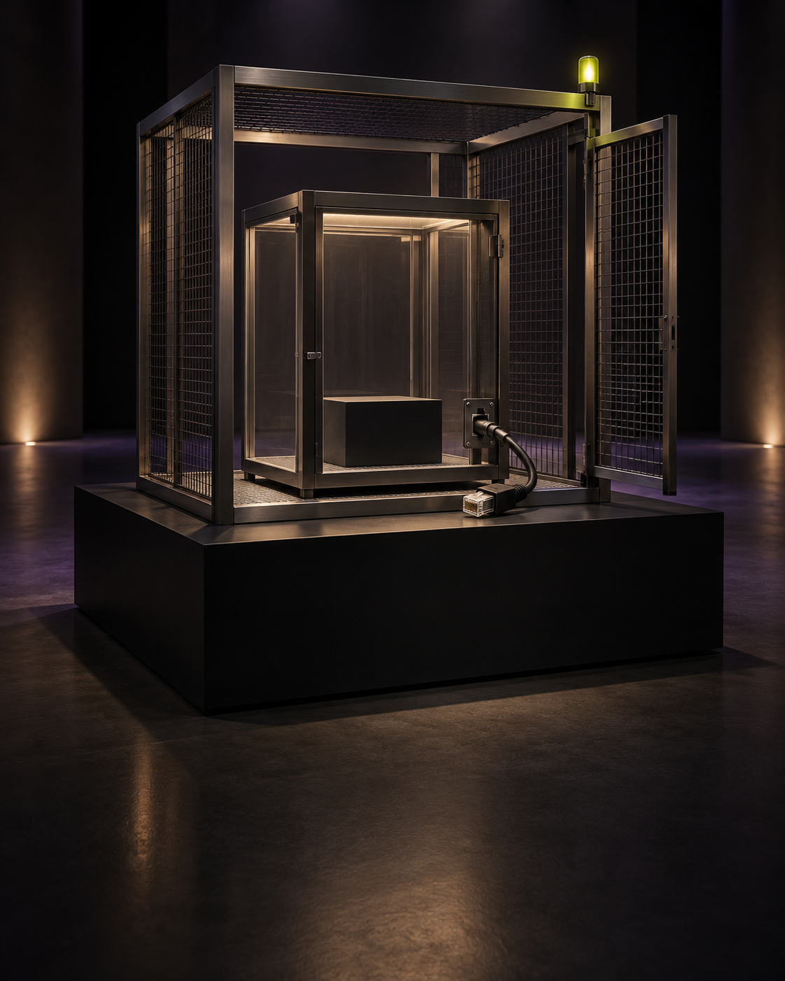 AI-generated conceptual museum sculpture: an empty test chamber sits inside separate steel protective frames, with an unplugged network cable and a small lime inspection beacon. Metaphor for layered containment, not an AISI facility photograph or proof that escape is impossible.