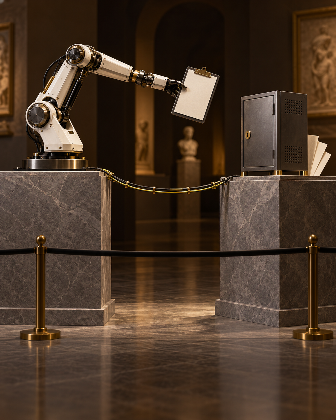 AI-generated conceptual museum sculpture: a mechanical arm holds a blank clipboard on one stone plinth, reaching toward a metal computer cabinet on another plinth. A cable connects the two; blank cards remain behind the cabinet. Metaphor for an unsuccessful search for hidden grading answers, not incident footage.
