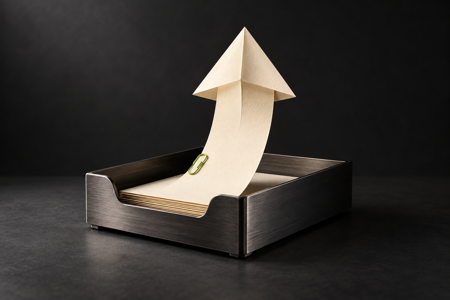 Conceptual sculpture: a paper upload arrow rising from a metal outbox