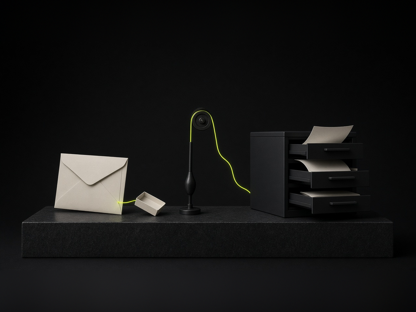 AI-generated conceptual illustration: on a dark stone plinth, an ivory envelope, a tiny tipped ivory tray and a slim black pulley stand are linked by a glowing acid-lime thread that runs to a black filing cabinet, whose three drawers have slid open with ivory pages lifting out. Metaphor for harmless steps chaining into a harmful outcome in a simulated test; not a real service, breach, incident footage or instructions.