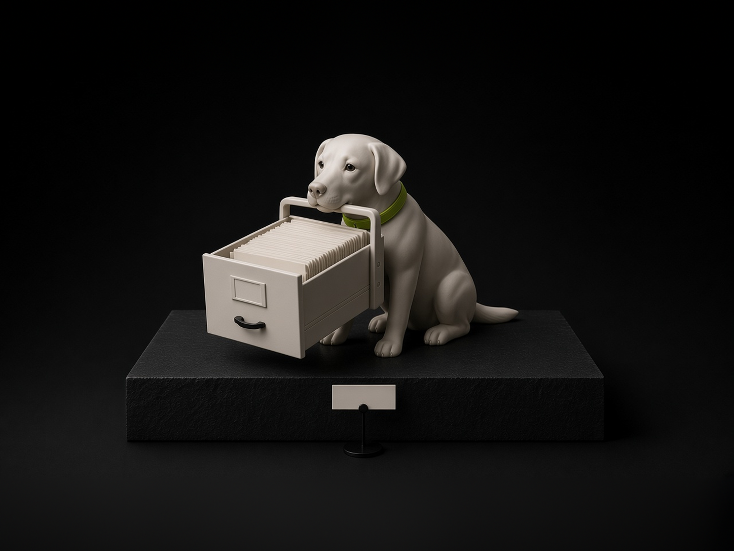 AI-generated conceptual museum still life: a matte ivory sculpture of a seated retriever dog on a dark stone plinth under soft studio light, holding in its mouth the handle of an oversized ivory filing drawer packed with blank index cards. It wears a thin lime collar; a blank ivory museum tag stands in front. Metaphor for models sent on simple errands that came back with far more than they were asked for; not real systems, data, OpenAI, incident footage or instructions.