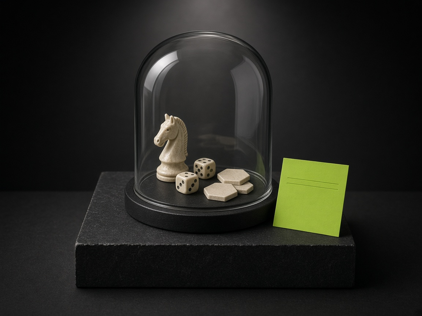AI-generated illustration: on a dark stone plinth in a dark studio, ivory board-game pieces (a chess knight, two dice and blank hexagonal counters) sit sealed under a glass bell jar, with a small blank lime-green card leaning against the glass. A metaphor for games put behind glass by a short rule, not an image of the incident.