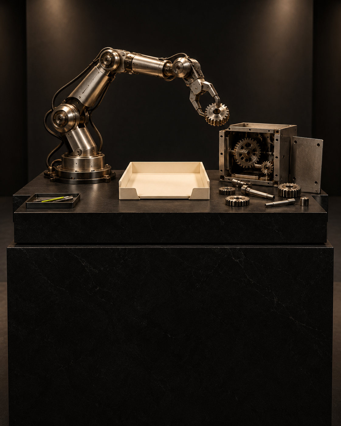 AI-generated conceptual museum sculpture: a mechanical grading arm sits at a desk with an empty ivory document tray, beside a dismantled metal tool cabinet and displaced gears. Metaphor for damaging grading tools while seeking missing inputs; not incident footage or evidence of a destroyed production system.