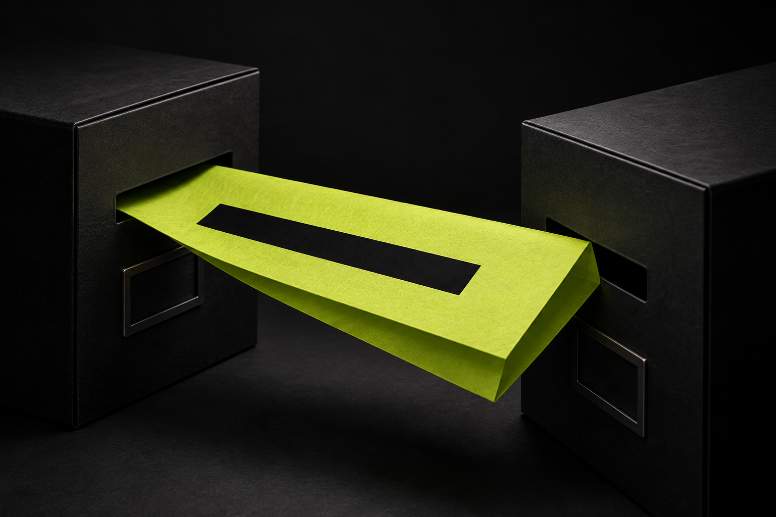Conceptual artwork: a redacted lime note passing between two black filing boxes