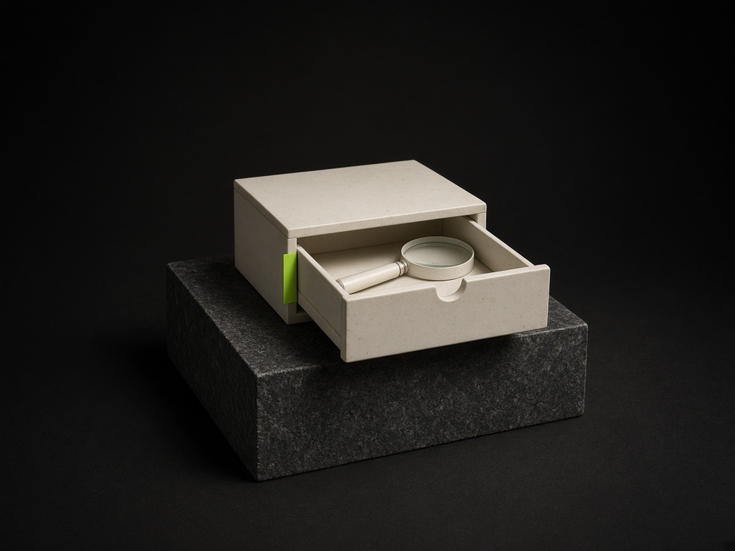 AI-generated illustration: a small ivory filing box on a dark granite plinth in a dark studio, its drawer pulled open and empty except for an ivory magnifying glass, with one lime-green index tab on the side. A metaphor for an agent searching hard for a file that was never there, not an image of the incident.