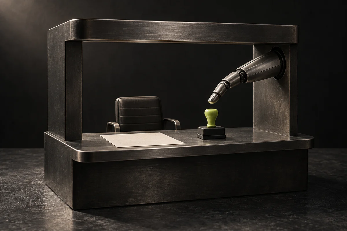 Conceptual sculpture: a robotic finger hovering above an approval stamp at an empty review desk