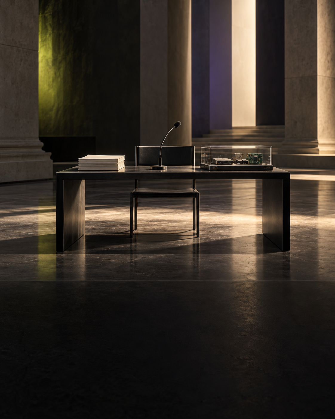 AI-generated conceptual sculpture of an empty witness desk with a microphone, blank papers and a closed transparent case of circuit fragments. Not a photograph of the Senate hearing.