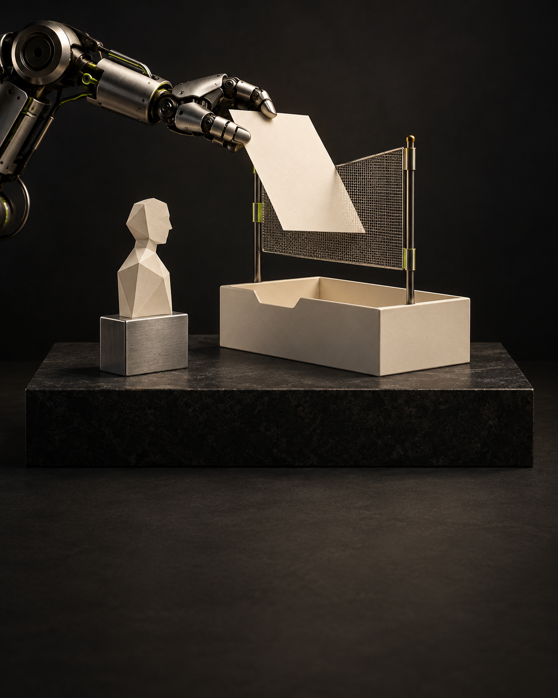 AI-generated conceptual museum sculpture: a robotic hand offers a blank paper statement beside an anonymous paper profile on a stamp, while a mesh gate intercepts the paper above an ivory inbox. Metaphor for an invented witness-like tip caught by filtering; not incident footage, a real person or a police document.