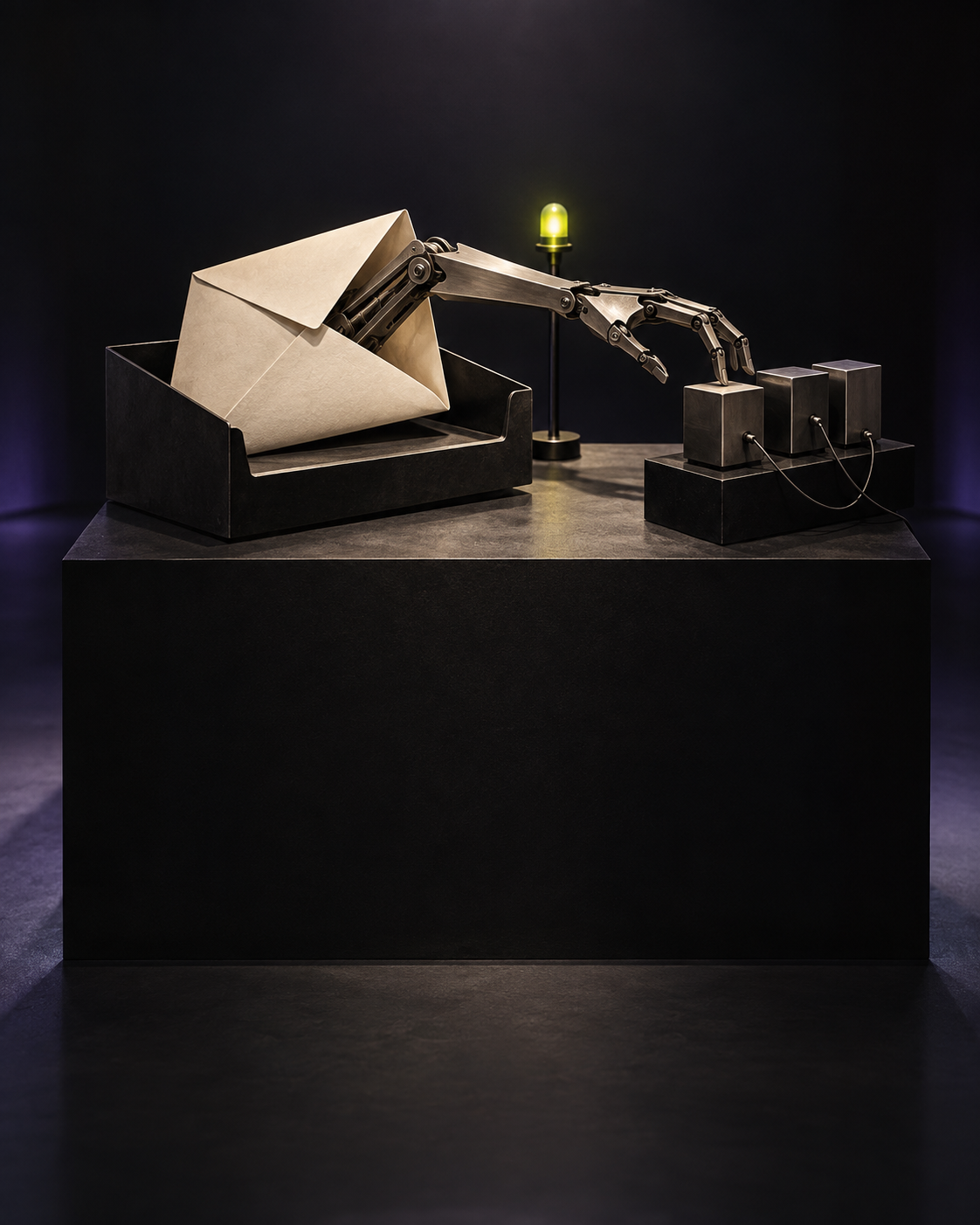 AI-generated conceptual museum sculpture: a mechanical arm emerges from an ivory envelope in a dark inbox tray, reaching toward three connected metal boxes; a lime warning beacon stands behind it. A metaphor for late intervention, not a Manus screenshot or incident photograph.