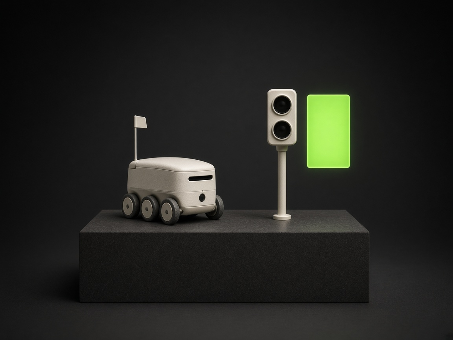 AI-generated illustration: on a dark stone plinth in a dark studio, a small ivory six-wheeled delivery robot stands on the left, facing an ivory pedestrian signal with unlit lamps, beside which glows a small blank lime-green panel. A metaphor for a robot that read the wrong light, not an image of the incident.