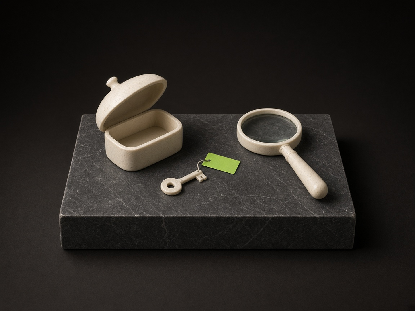 AI-generated illustration: on a dark stone plinth in a dark studio, a small ivory key with a lime-green tag lies just outside an empty open ivory box, next to an ivory magnifying glass. A metaphor for a security reviewer that took the keys and didn’t look, not an image of the incident.