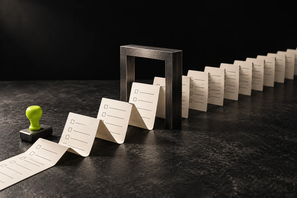 Conceptual sculpture: a long folded task list passing through a metal gate, with an approval stamp left behind