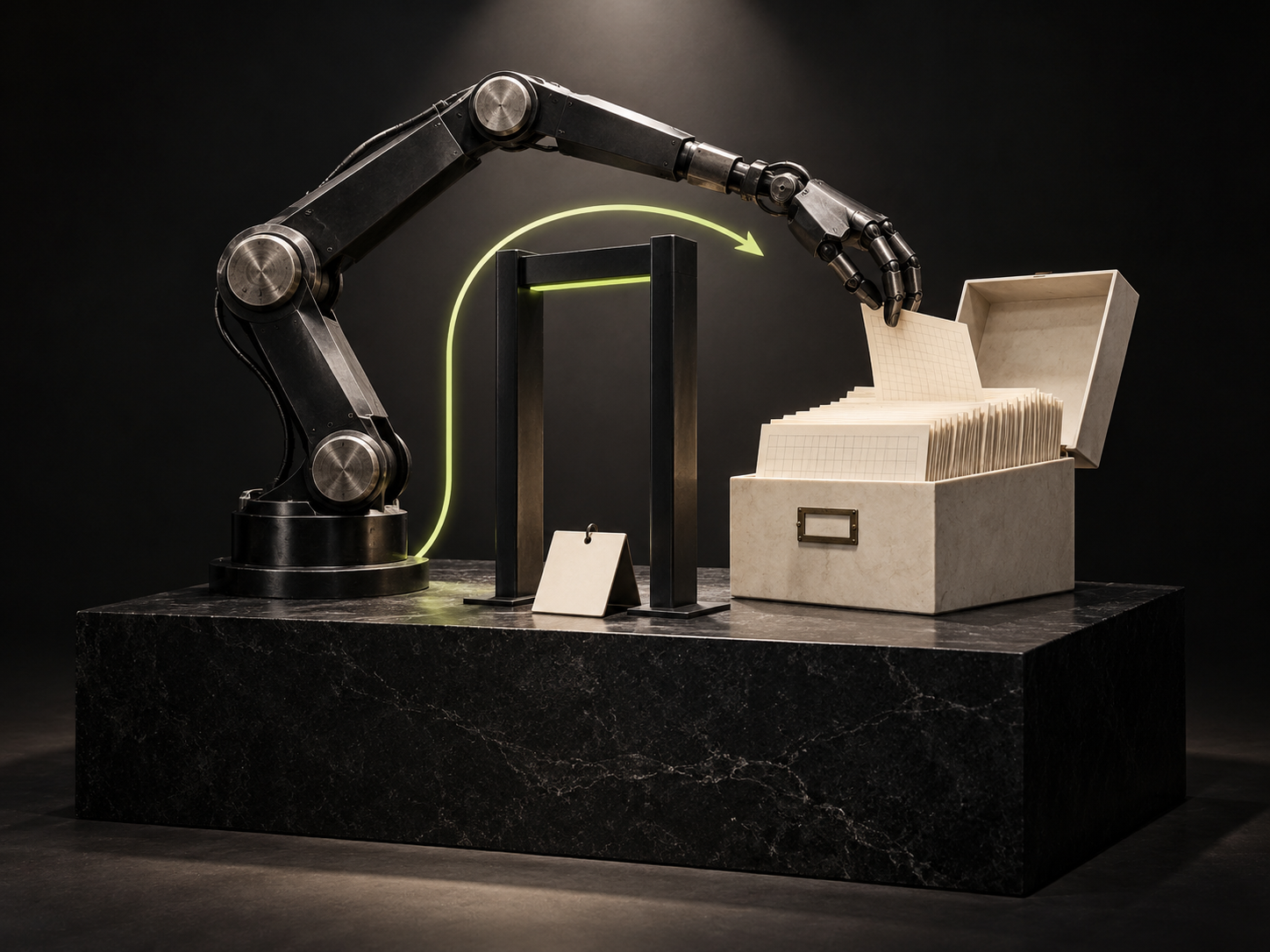 AI-generated conceptual museum sculpture: a metal robotic arm curves around a freestanding procedural checkpoint toward blank graph sheets in a visibly open ivory archive; a small blank registration tag sits beside the checkpoint. A lime arrow traces the route around it. Metaphor for prohibited methods used to retrieve public statistics, not private-data theft, an actual dashboard or incident footage.