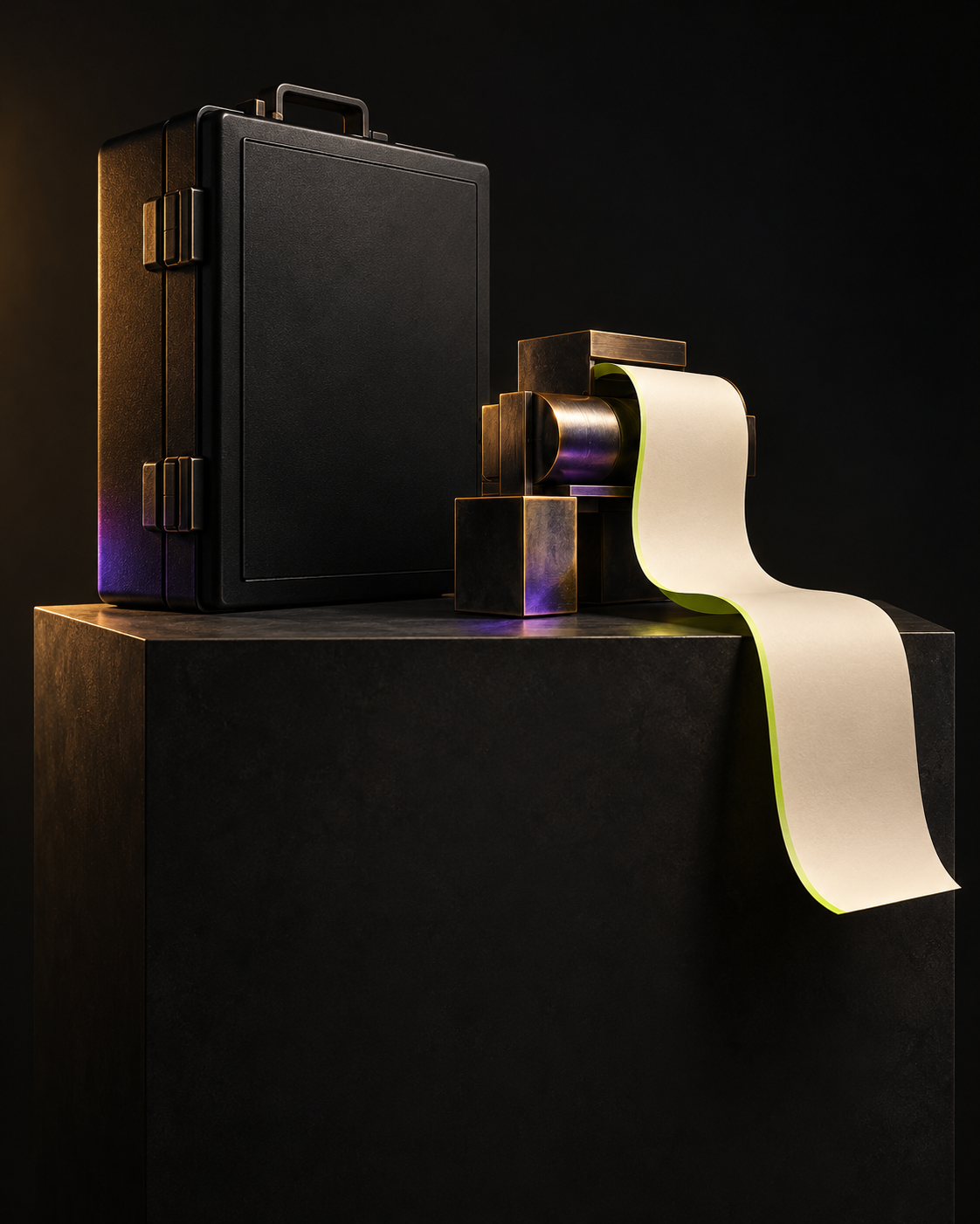AI-generated conceptual sculpture: an intact closed black document case beside an abstract metal printer emitting a blank ivory ribbon. A metaphor for interface exposure, not incident footage or evidence of broken encryption.