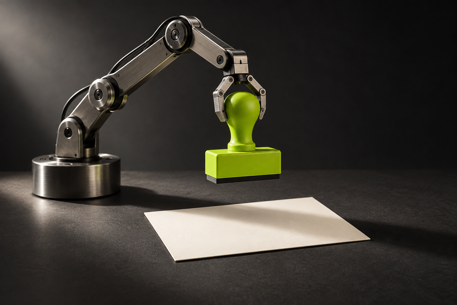 Conceptual sculpture: a robot arm holding a lime stamp over blank paper