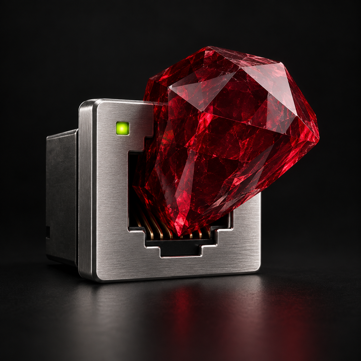 Conceptual illustration: a red gemstone jammed into a metal network socket