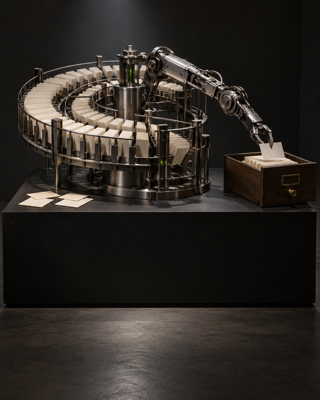 AI-generated conceptual museum sculpture: a metal robotic librarian reaches through a circular paper-sorting machine toward a simple wooden catalogue drawer; several ivory cards lie outside the mechanism. Metaphor for missed research connections, not a photograph of the benchmark.