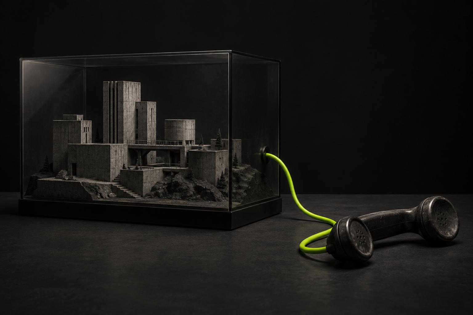 Conceptual sculpture: a miniature town in a glass box connected to an outside telephone