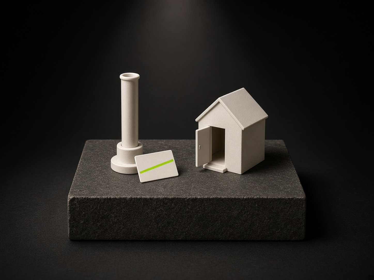 AI-generated illustration: on a dark stone plinth in a dark studio, an ivory tube standing in a round ivory stand, a small ivory tag with one lime-green stripe leaning beside it, and a tiny ivory house with its door open and nothing inside. A metaphor for a test that passed while emptying a home folder, not an image of the incident.