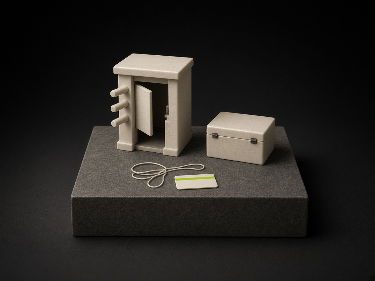 AI-generated illustration: on a dark granite plinth in a dark studio, a small ivory booth with its door open, a closed ivory cash box beside it, and in front an ivory pass card with one lime-green stripe lying next to its loose lanyard. A metaphor for a free visitor pass used to skip a fee, not an image of the incident.